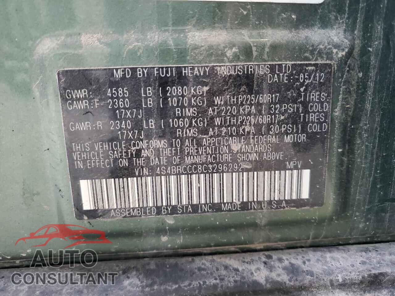 SUBARU OUTBACK 2012 - 4S4BRCCC8C3296292