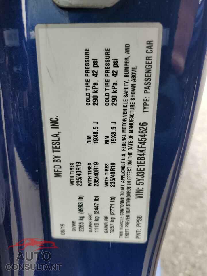 TESLA MODEL 3 2019 - 5YJ3E1EB4KF454626