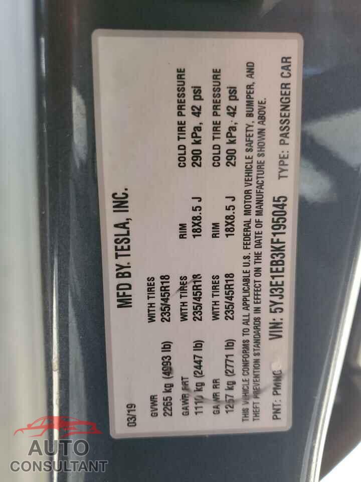 TESLA MODEL 3 2019 - 5YJ3E1EB3KF195045