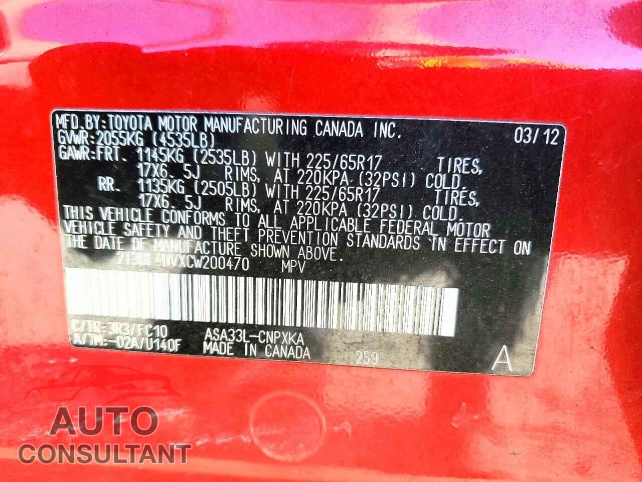 TOYOTA RAV4 2012 - 2T3BF4DVXCW200470