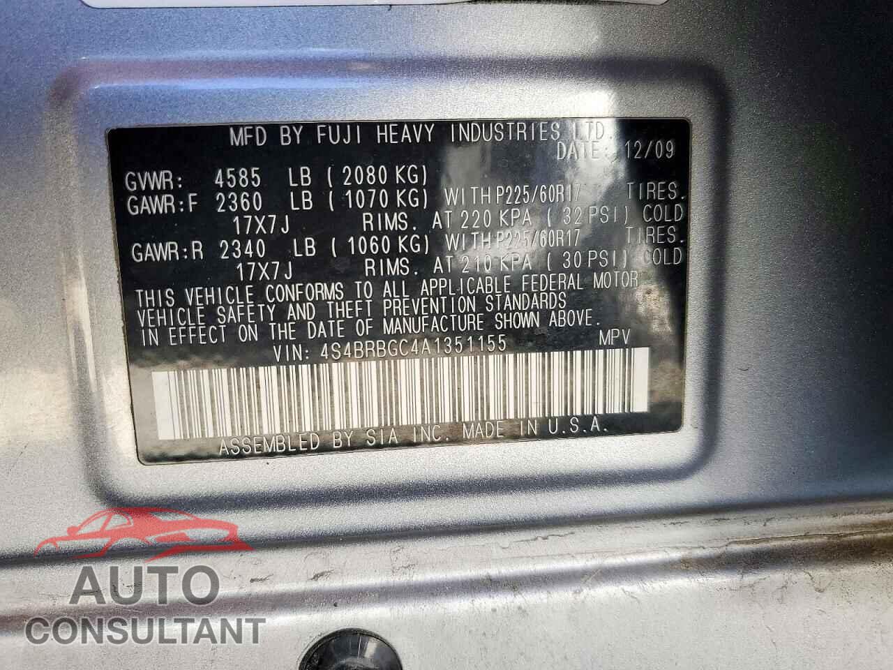 SUBARU OUTBACK 2010 - 4S4BRBGC4A1351155