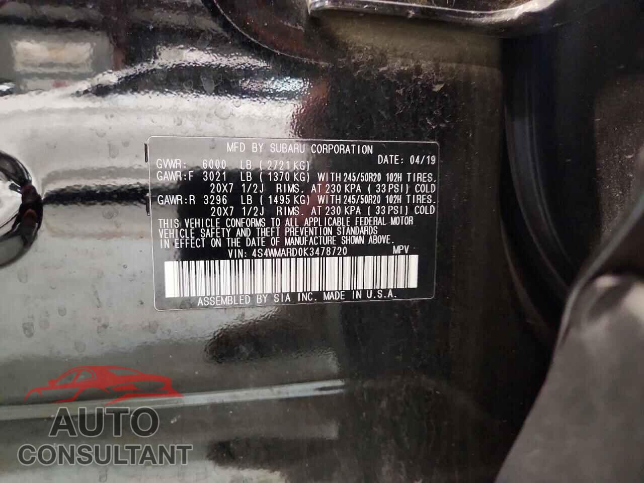 SUBARU ASCENT 2019 - 4S4WMARD0K3478720