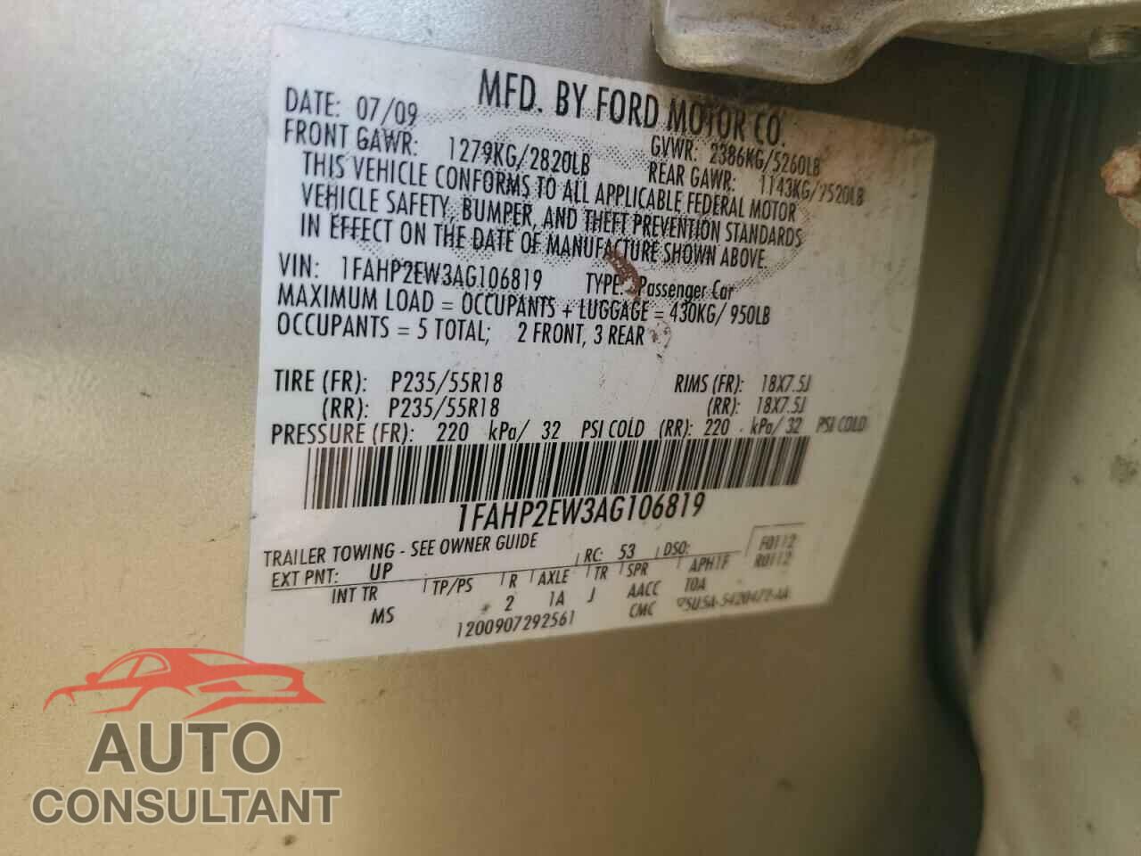 FORD TAURUS 2010 - 1FAHP2EW3AG106819