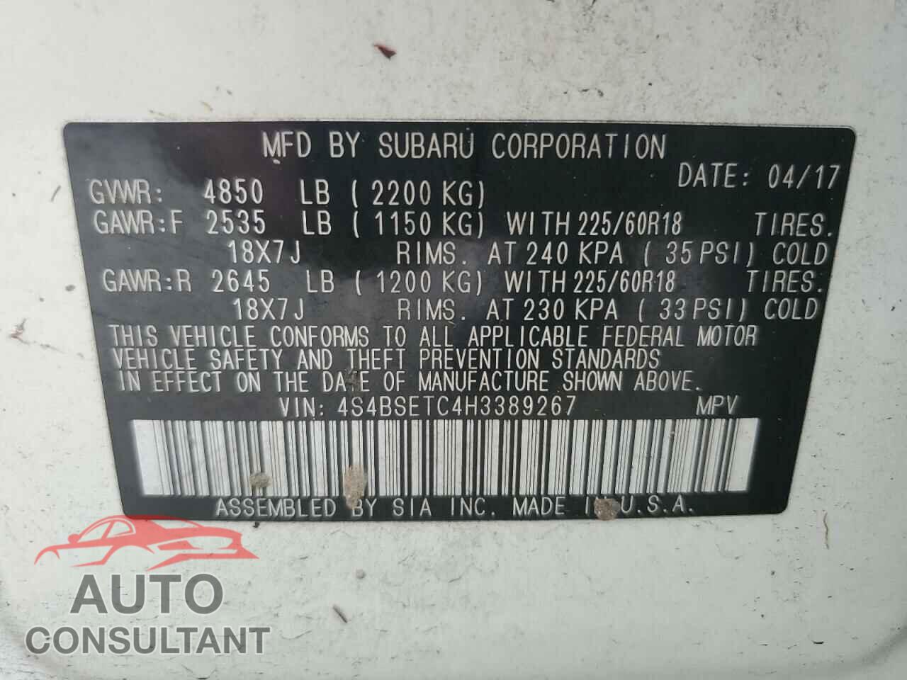 SUBARU OUTBACK 2017 - 4S4BSETC4H3389267