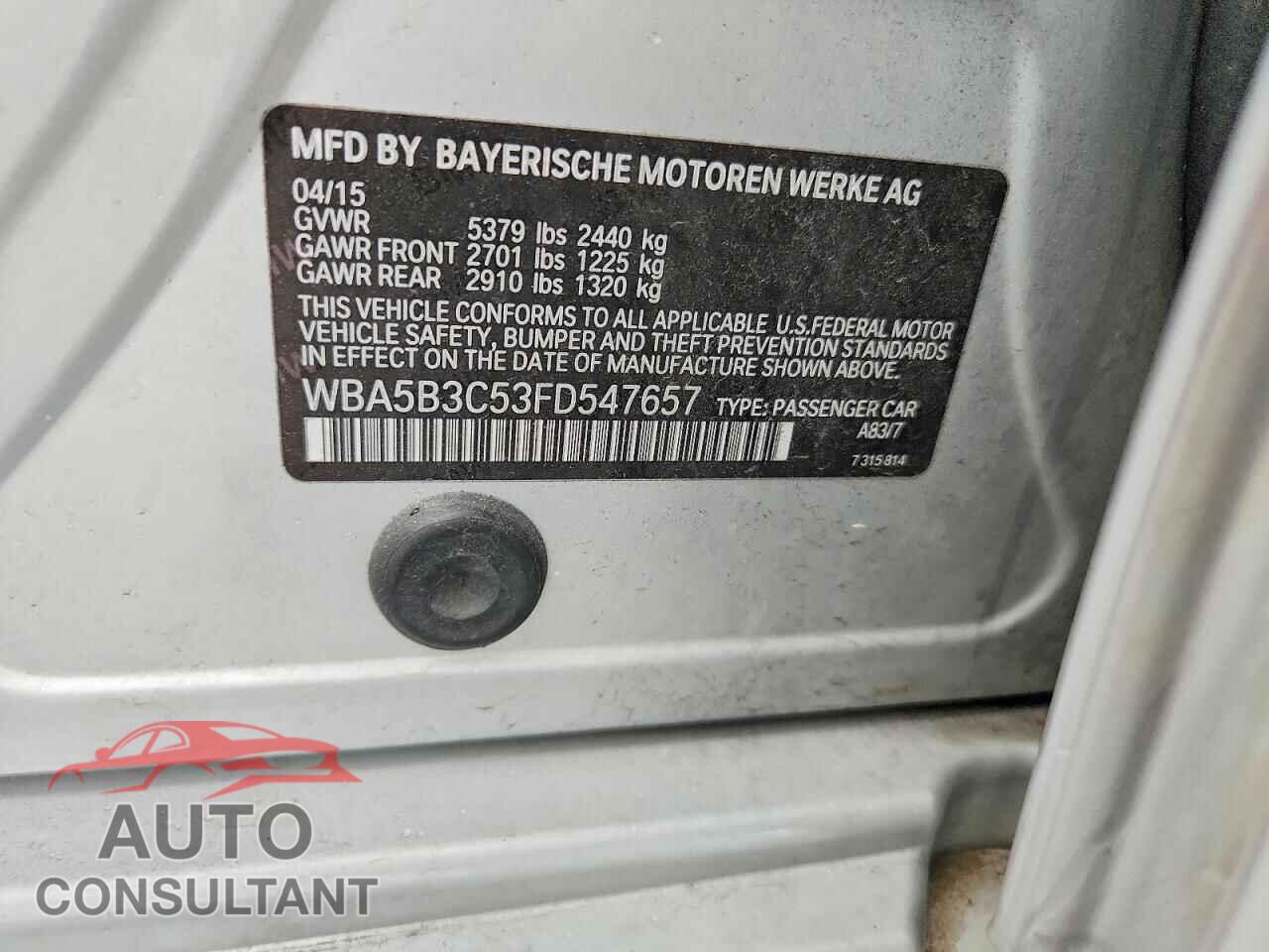 BMW 5 SERIES 2015 - WBA5B3C53FD547657