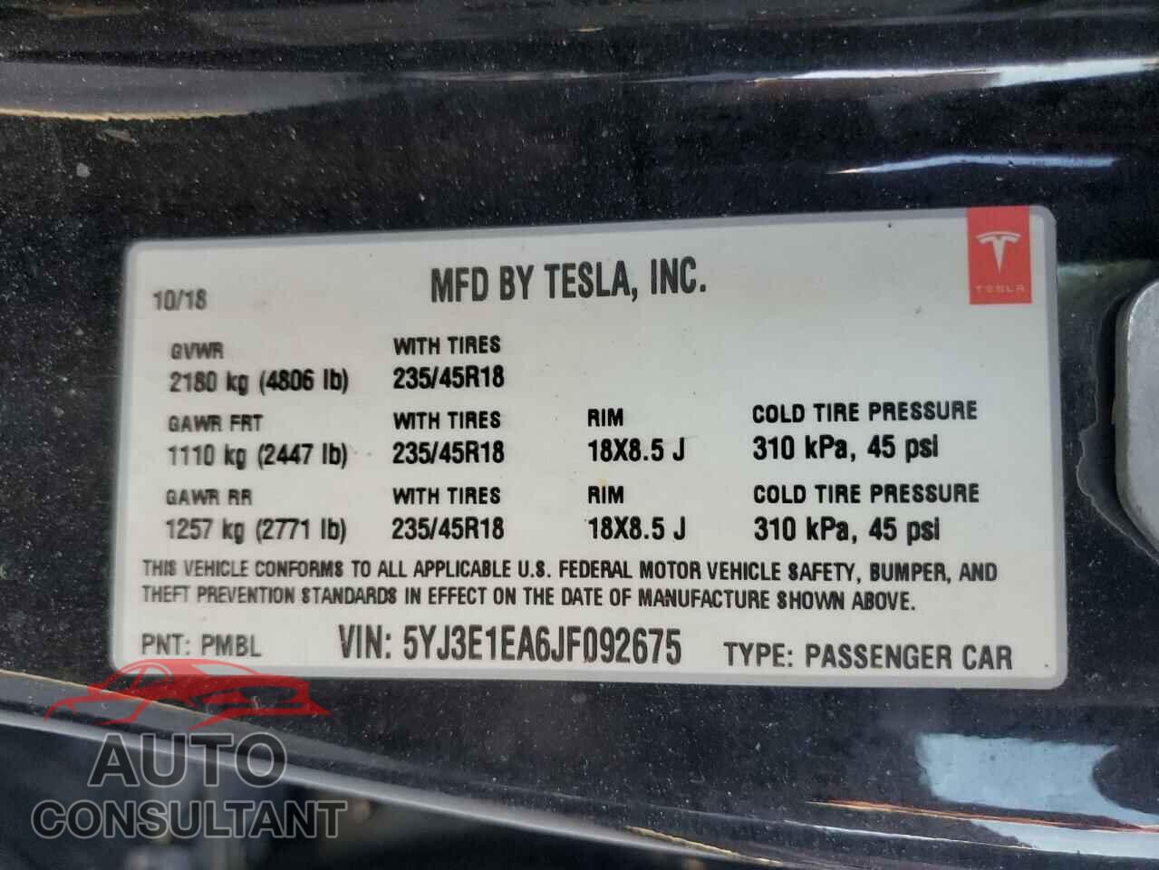 TESLA MODEL 3 2018 - 5YJ3E1EA6JF092675