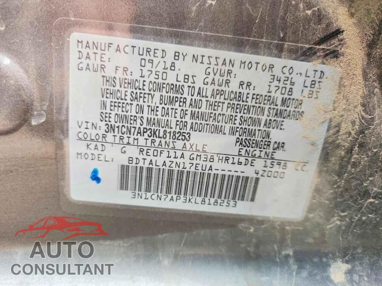 NISSAN VERSA 2019 - 3N1CN7AP3KL818253