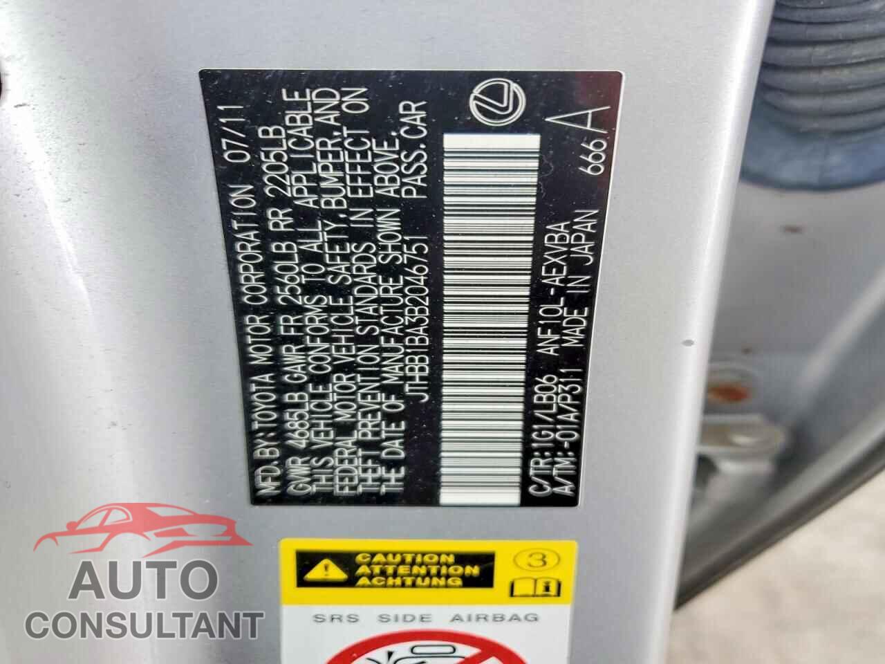 LEXUS HS 2011 - JTHBB1BA3B2046751
