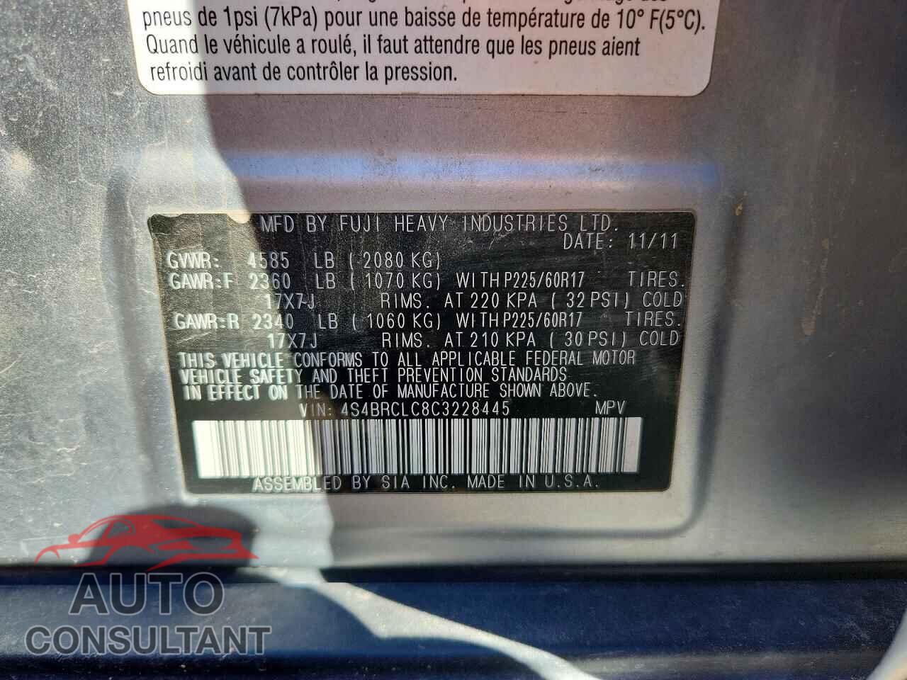 SUBARU OUTBACK 2012 - 4S4BRCLC8C3228445