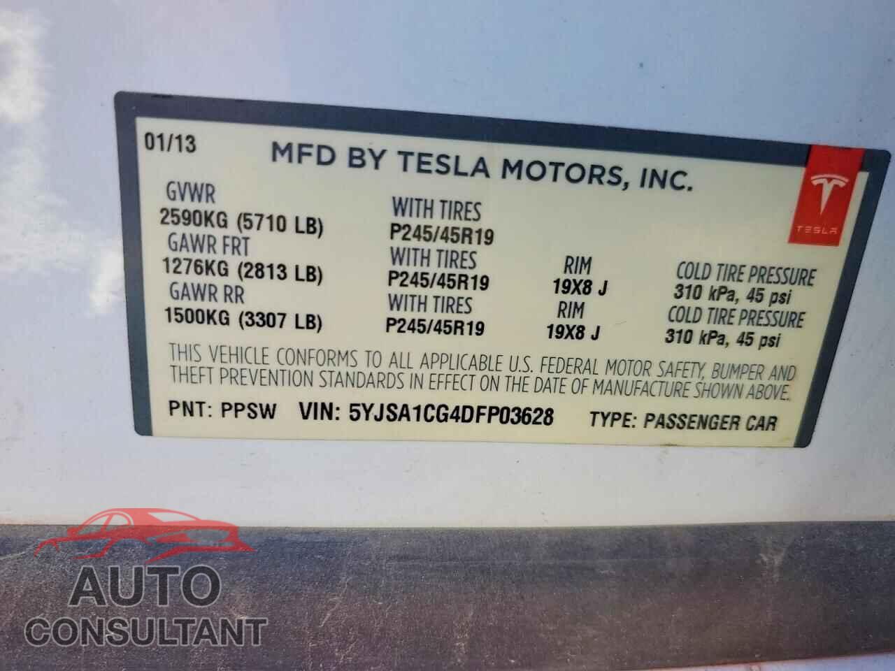 TESLA MODEL S 2013 - 5YJSA1CG4DFP03628