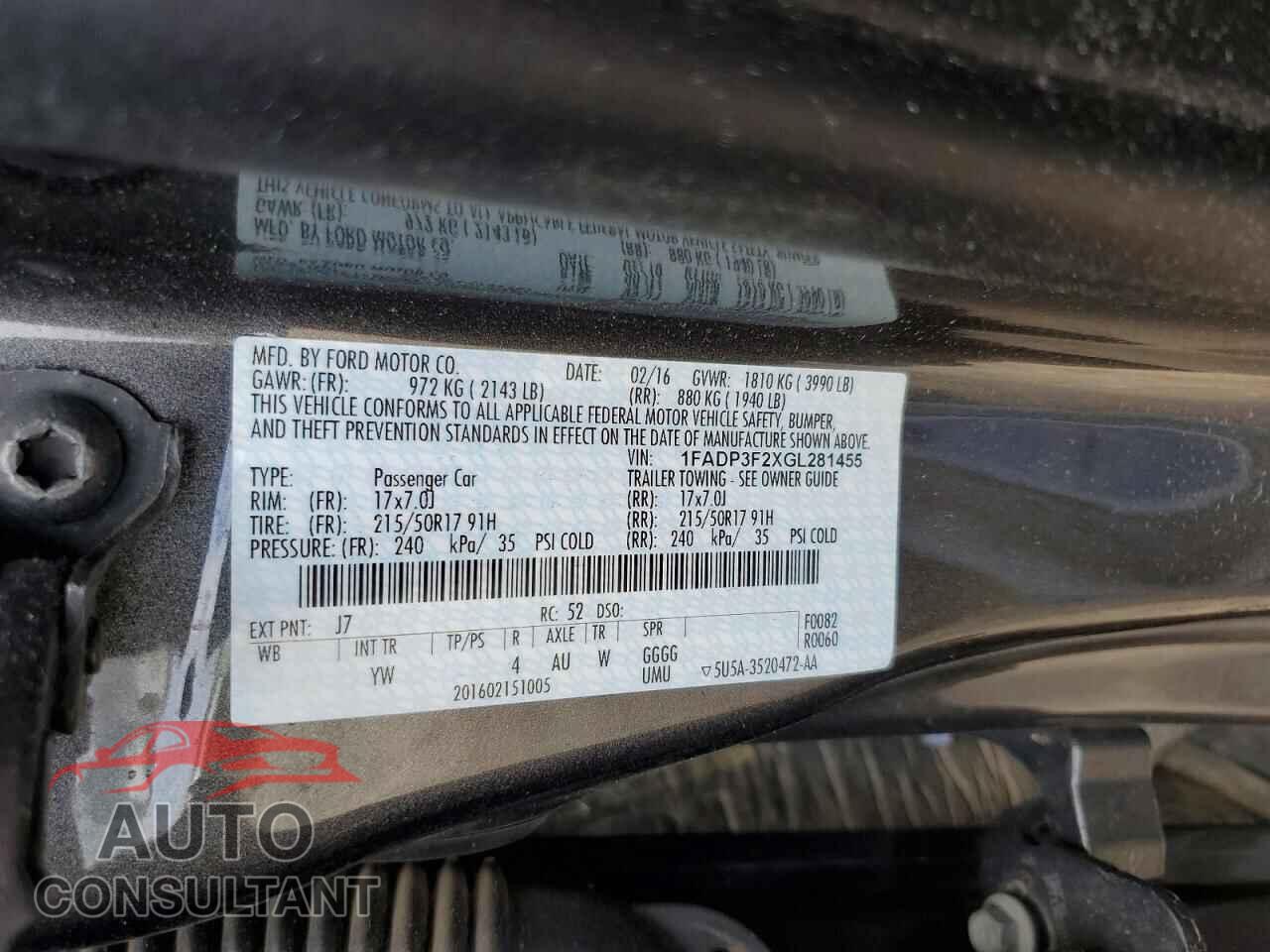 FORD FOCUS 2016 - 1FADP3F2XGL281455
