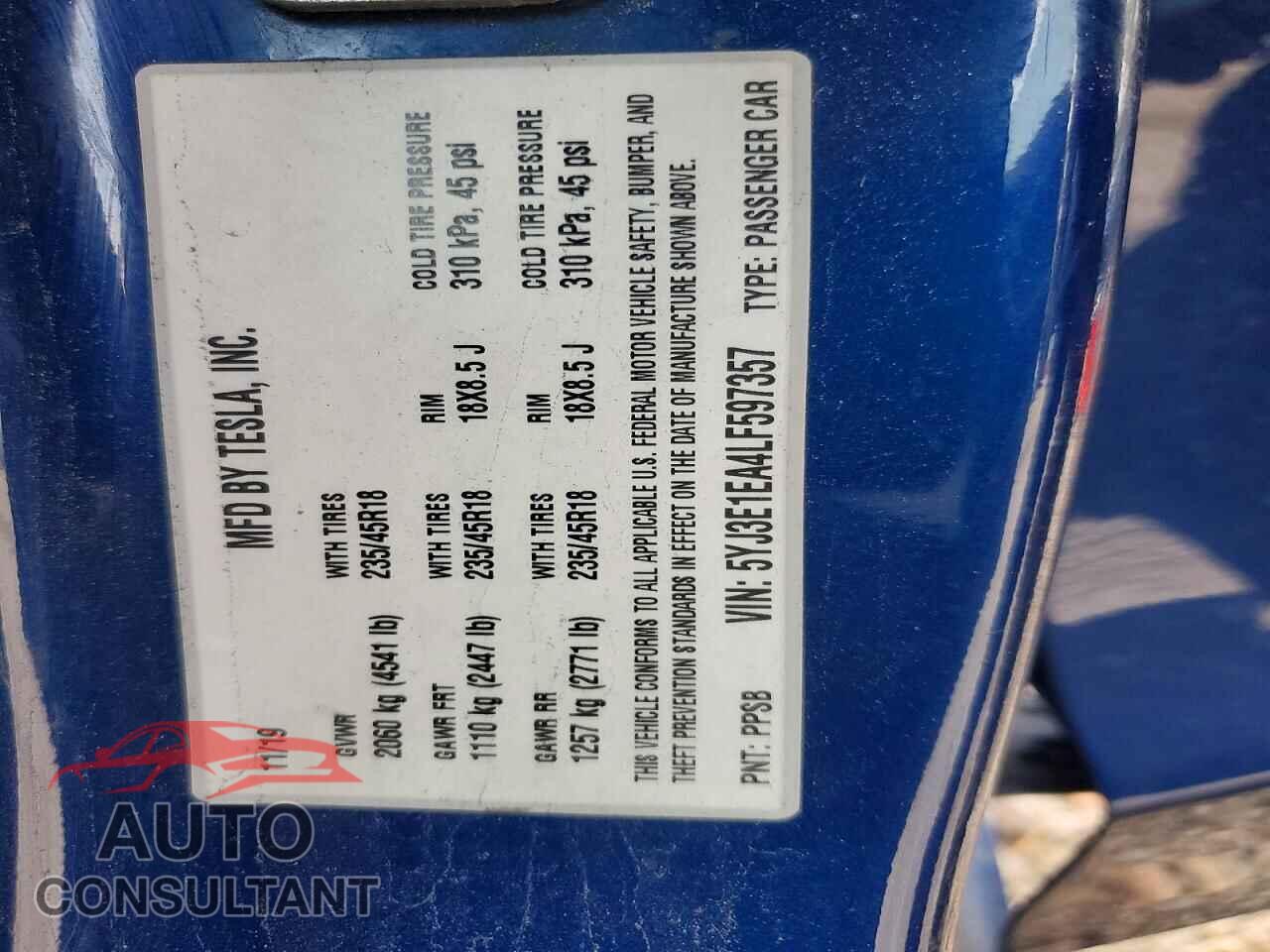 TESLA MODEL 3 2020 - 5YJ3E1EA4LF597357