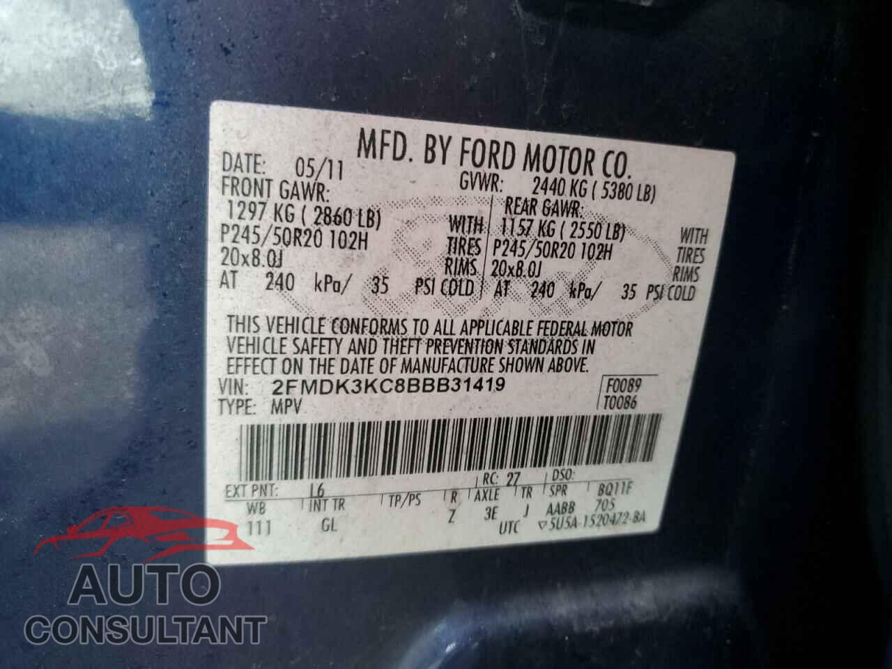 FORD EDGE 2011 - 2FMDK3KC8BBB31419