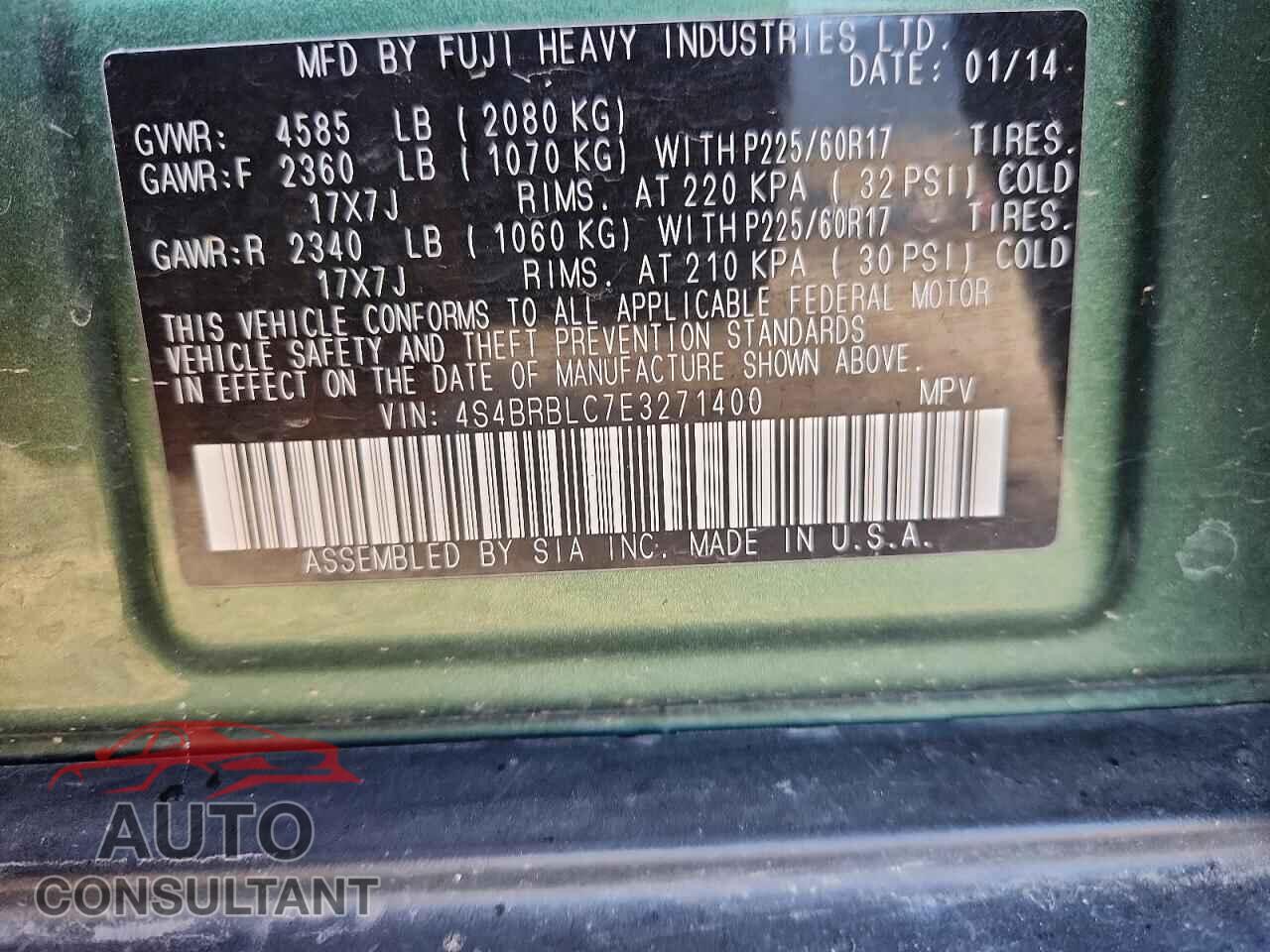 SUBARU OUTBACK 2014 - 4S4BRBLC7E3271400