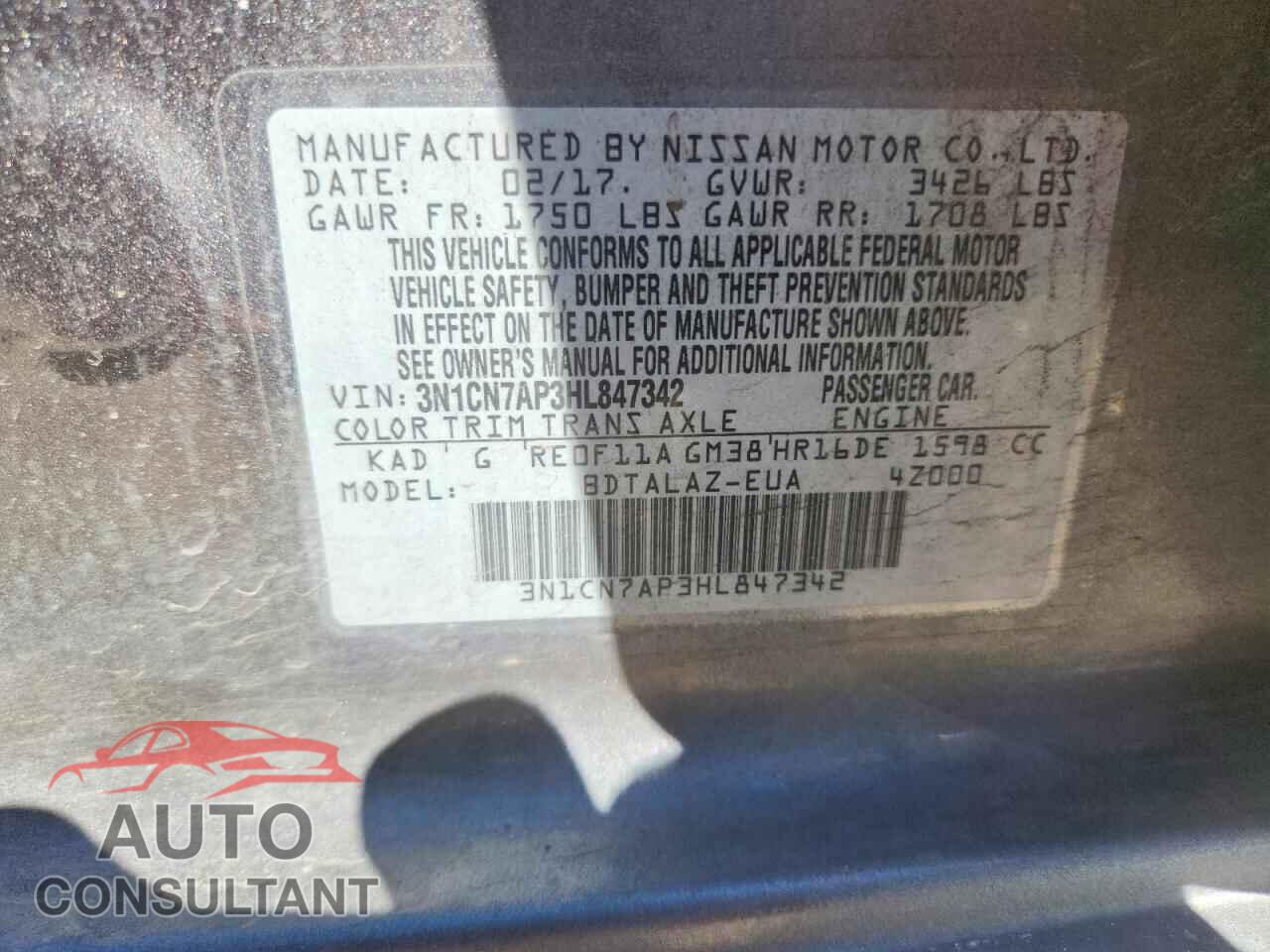NISSAN VERSA 2017 - 3N1CN7AP3HL847342