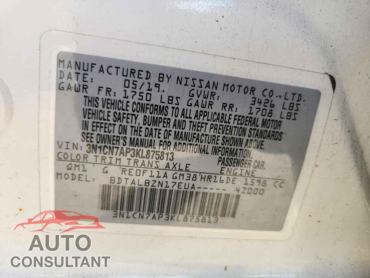 NISSAN VERSA 2019 - 3N1CN7AP3KL875813