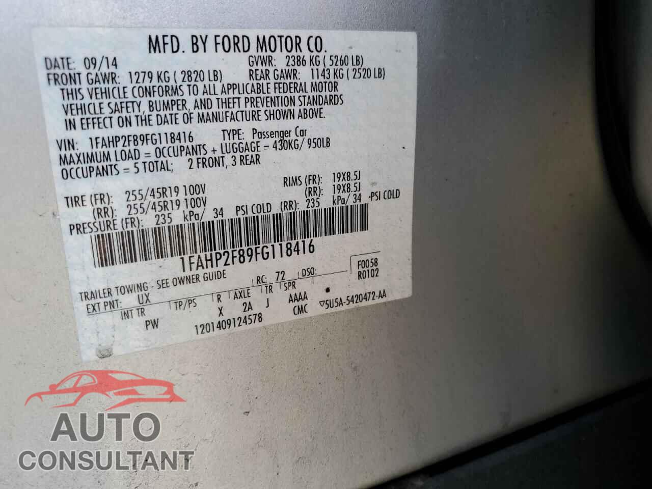 FORD TAURUS 2015 - 1FAHP2F89FG118416