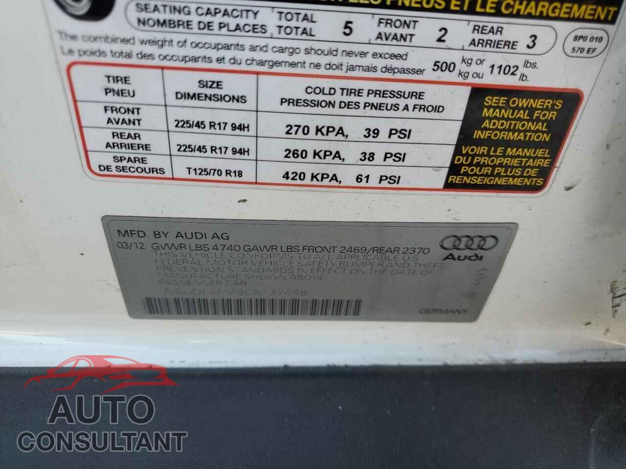 AUDI A3 2012 - WAUDFAFM9CA137448