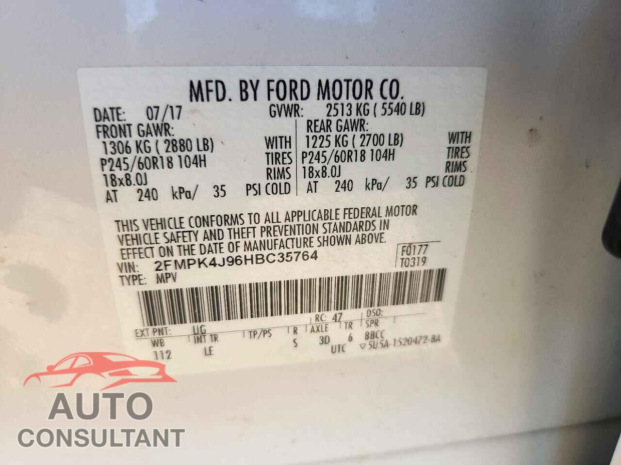 FORD EDGE 2017 - 2FMPK4J96HBC35764