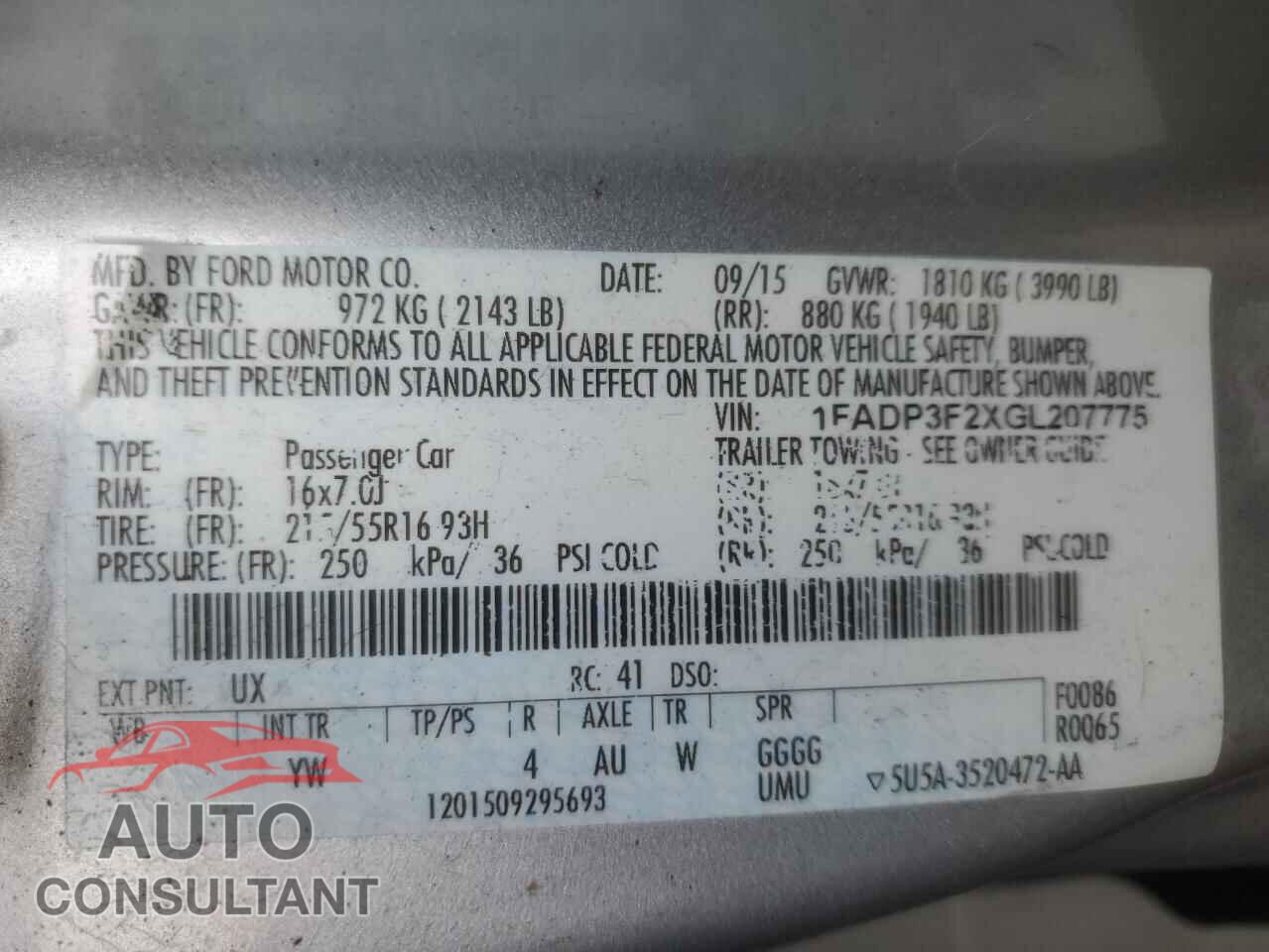 FORD FOCUS 2016 - 1FADP3F2XGL207775