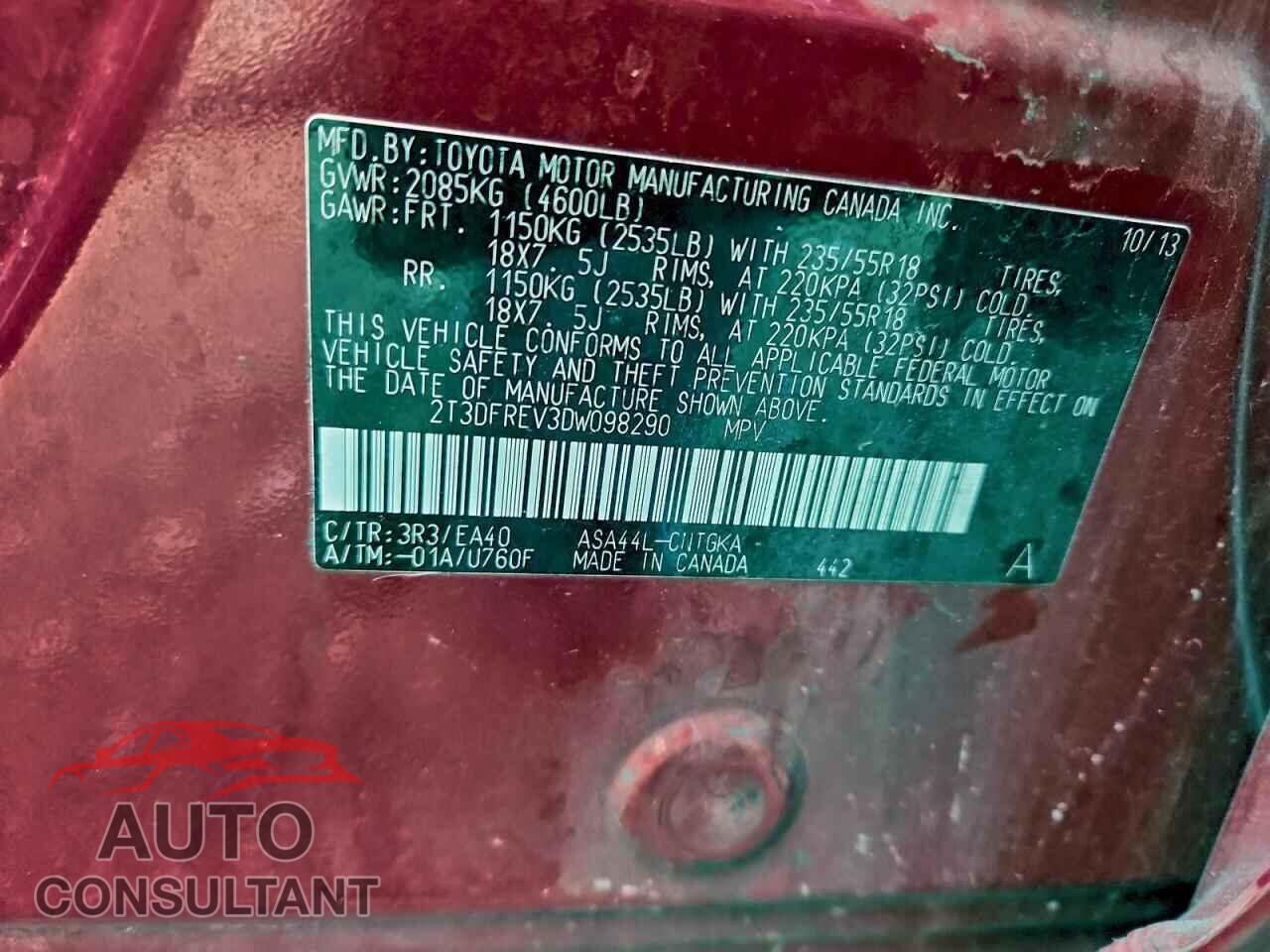 TOYOTA RAV4 2013 - 2T3DFREV3DW098290