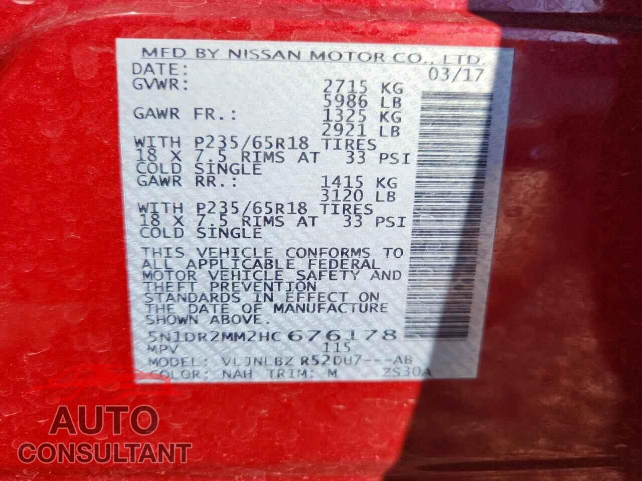 NISSAN PATHFINDER 2017 - 5N1DR2MM2HC676178