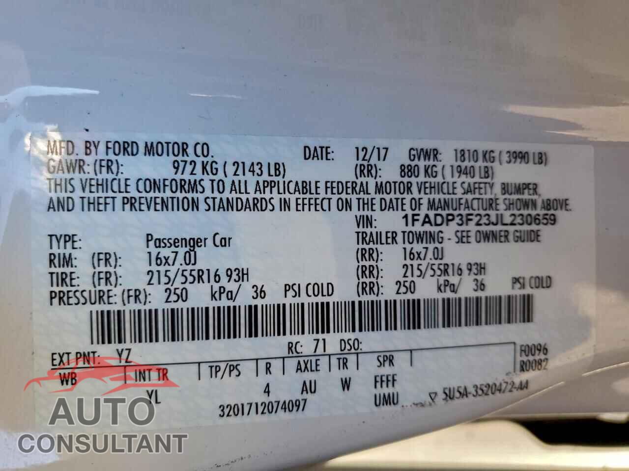 FORD FOCUS 2018 - 1FADP3F23JL230659