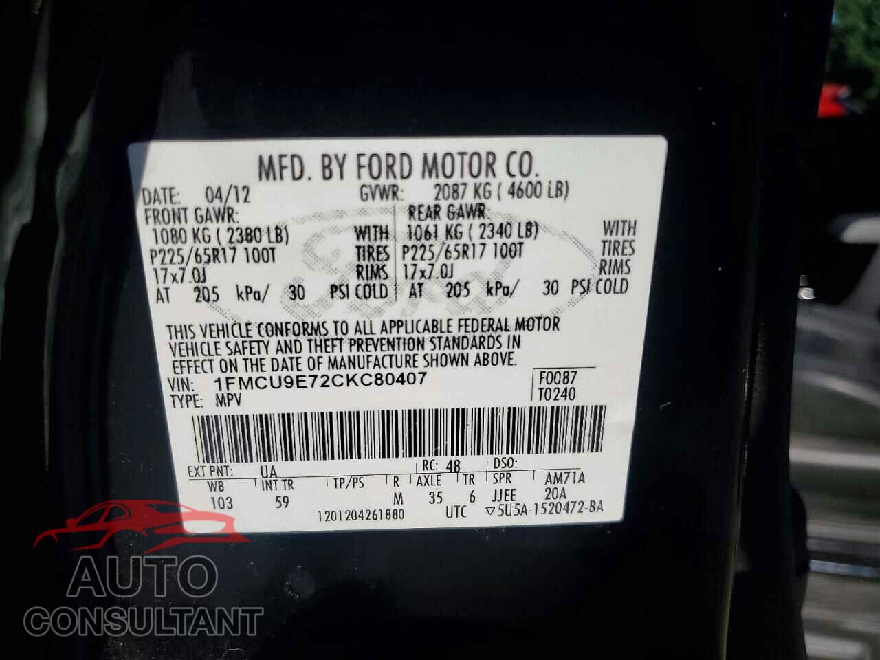 FORD ESCAPE 2012 - 1FMCU9E72CKC80407