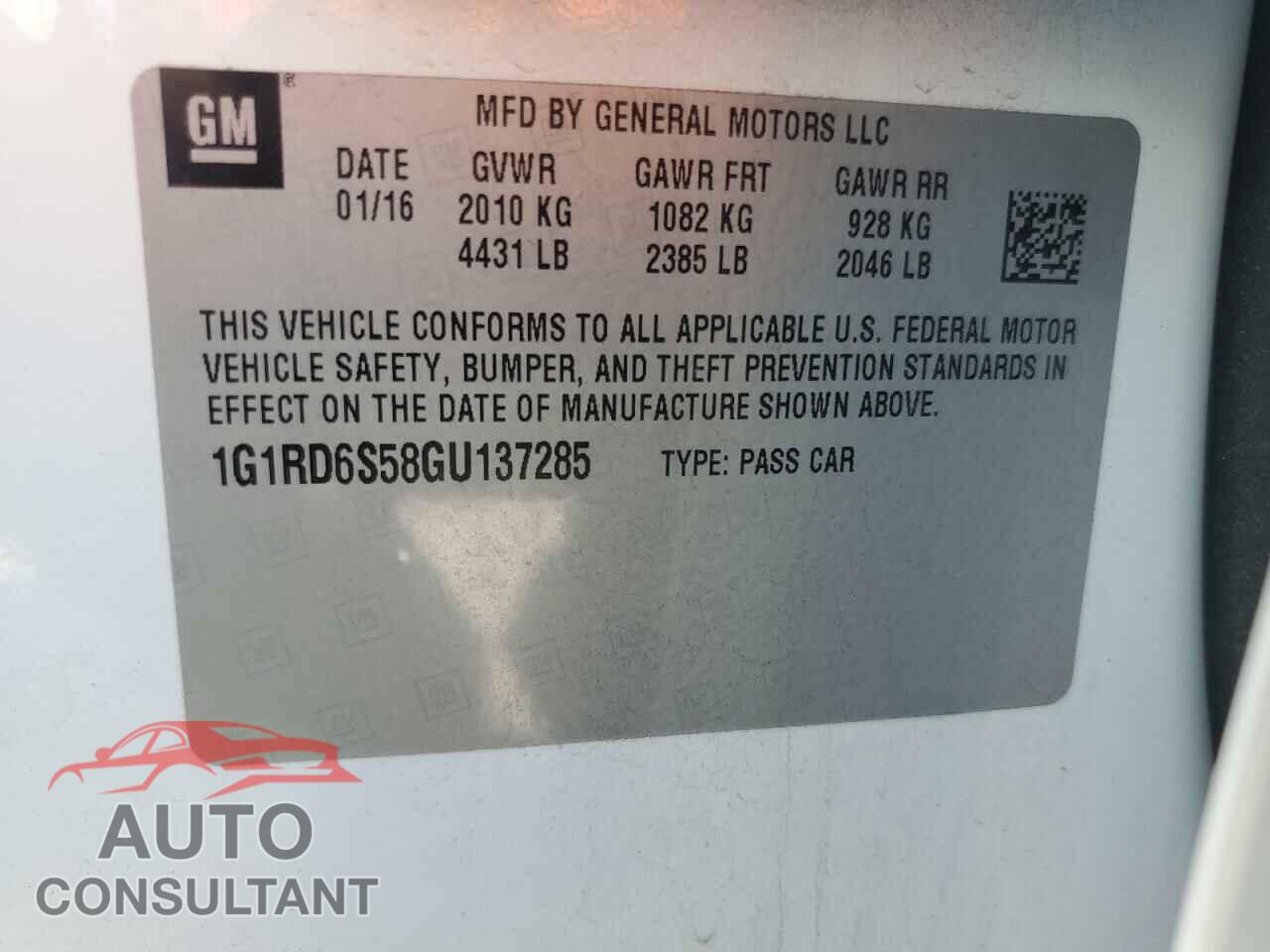 CHEVROLET VOLT 2016 - 1G1RD6S58GU137285