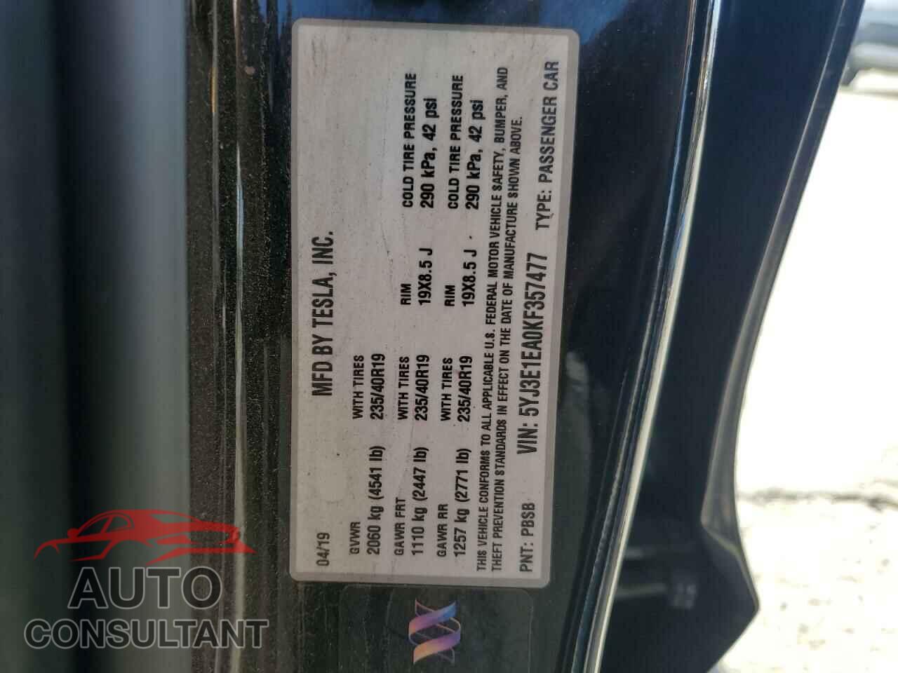 TESLA MODEL 3 2019 - 5YJ3E1EA0KF357477