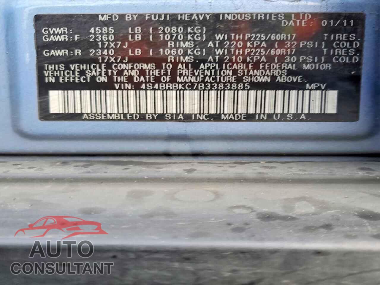 SUBARU OUTBACK 2011 - 4S4BRBKC7B3383885