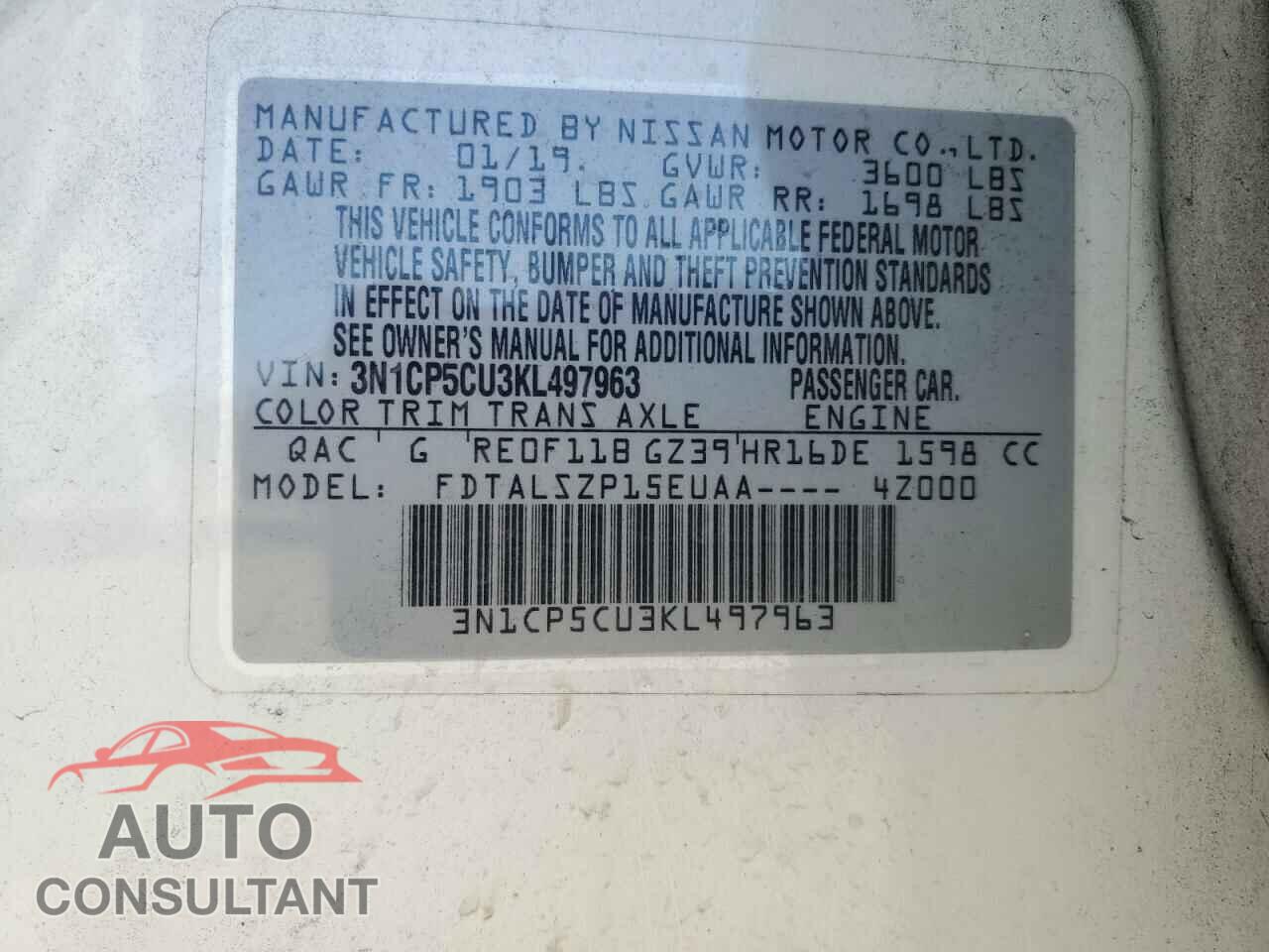 NISSAN KICKS 2019 - 3N1CP5CU3KL497963