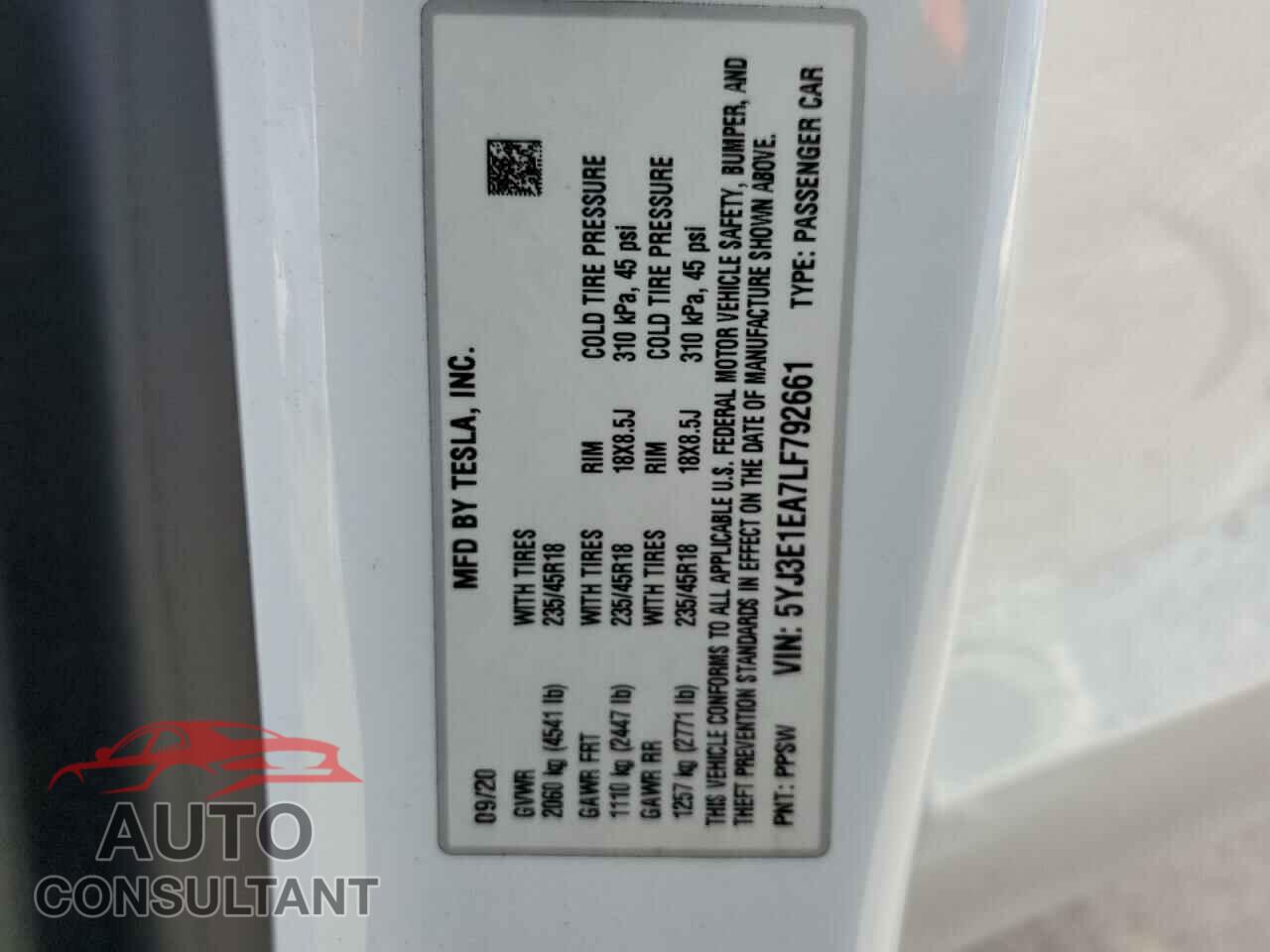 TESLA MODEL 3 2020 - 5YJ3E1EA7LF792661