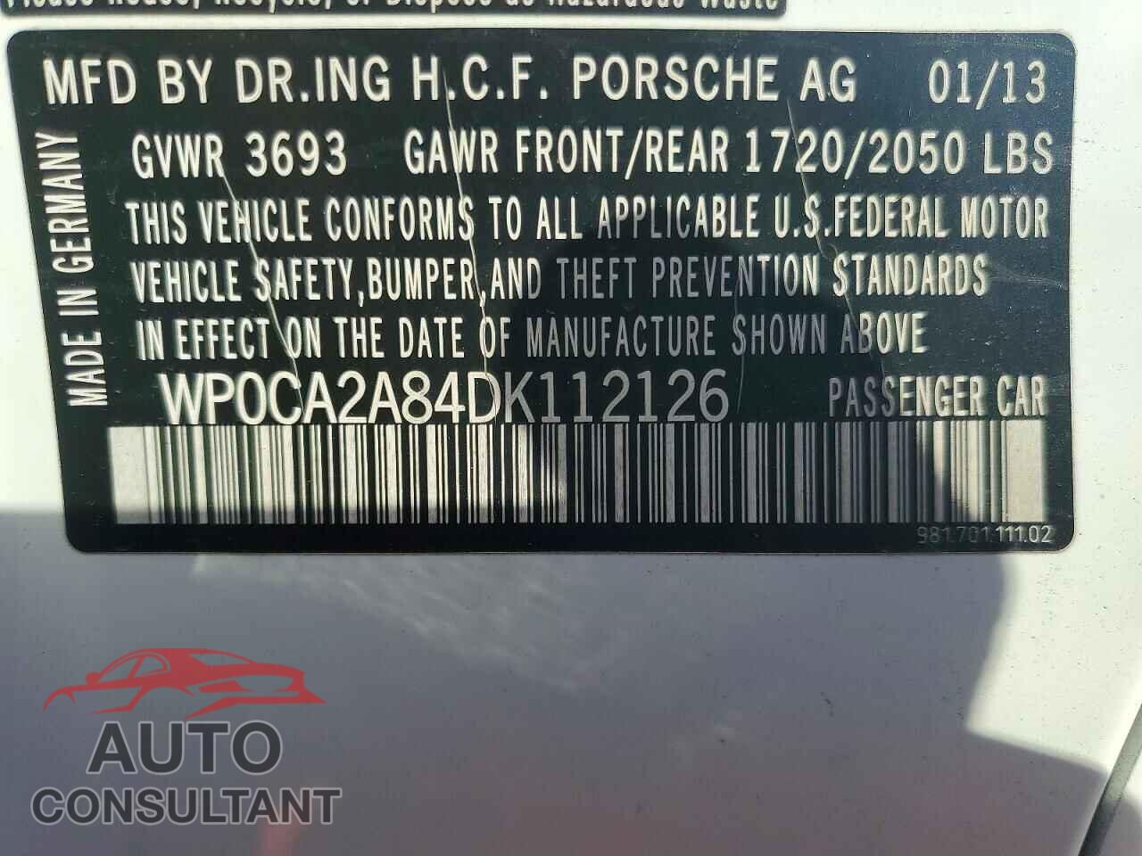 PORSCHE BOXSTER 2013 - WP0CA2A84DK112126