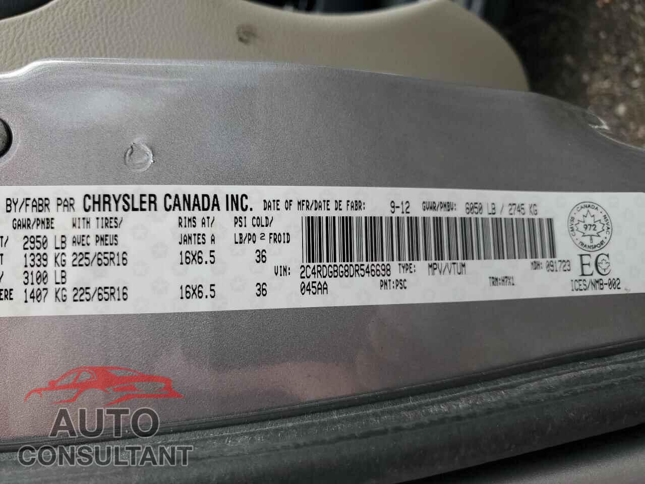 DODGE CARAVAN 2013 - 2C4RDGBG8DR546698