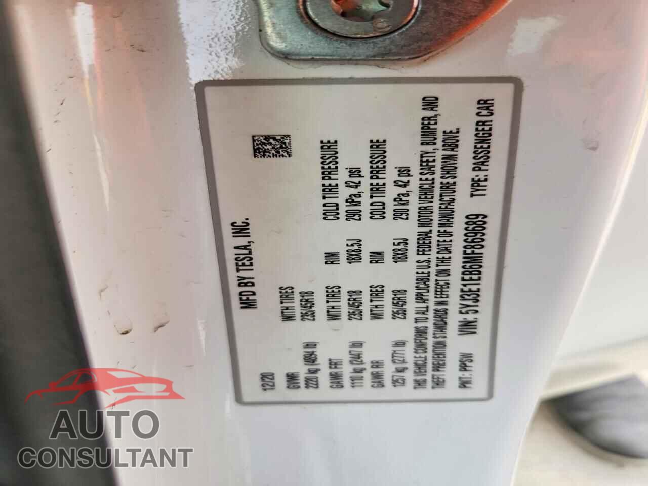 TESLA MODEL 3 2021 - 5YJ3E1EB6MF869689