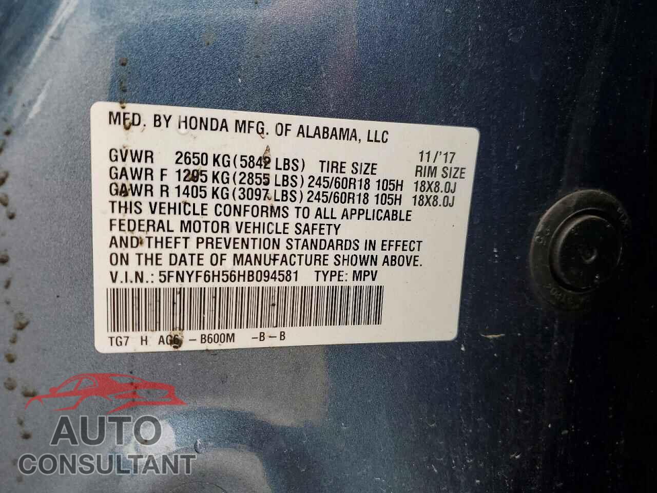 HONDA PILOT 2017 - 5FNYF6H56HB094581