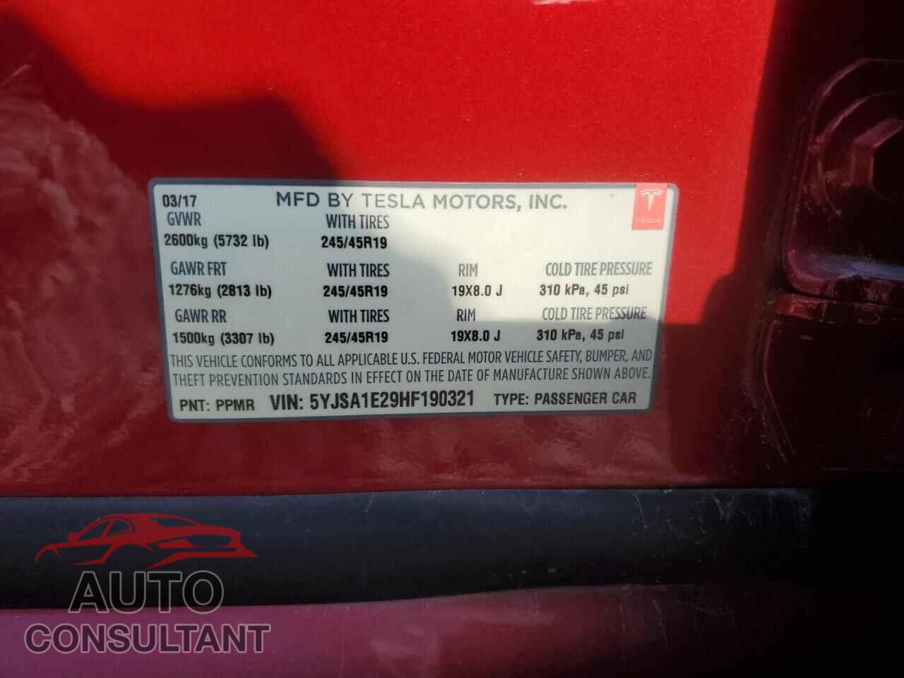 TESLA MODEL S 2017 - 5YJSA1E29HF190321