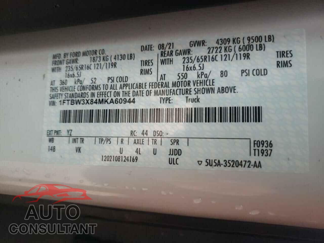 FORD TRANSIT 2021 - 1FTBW3X84MKA60944