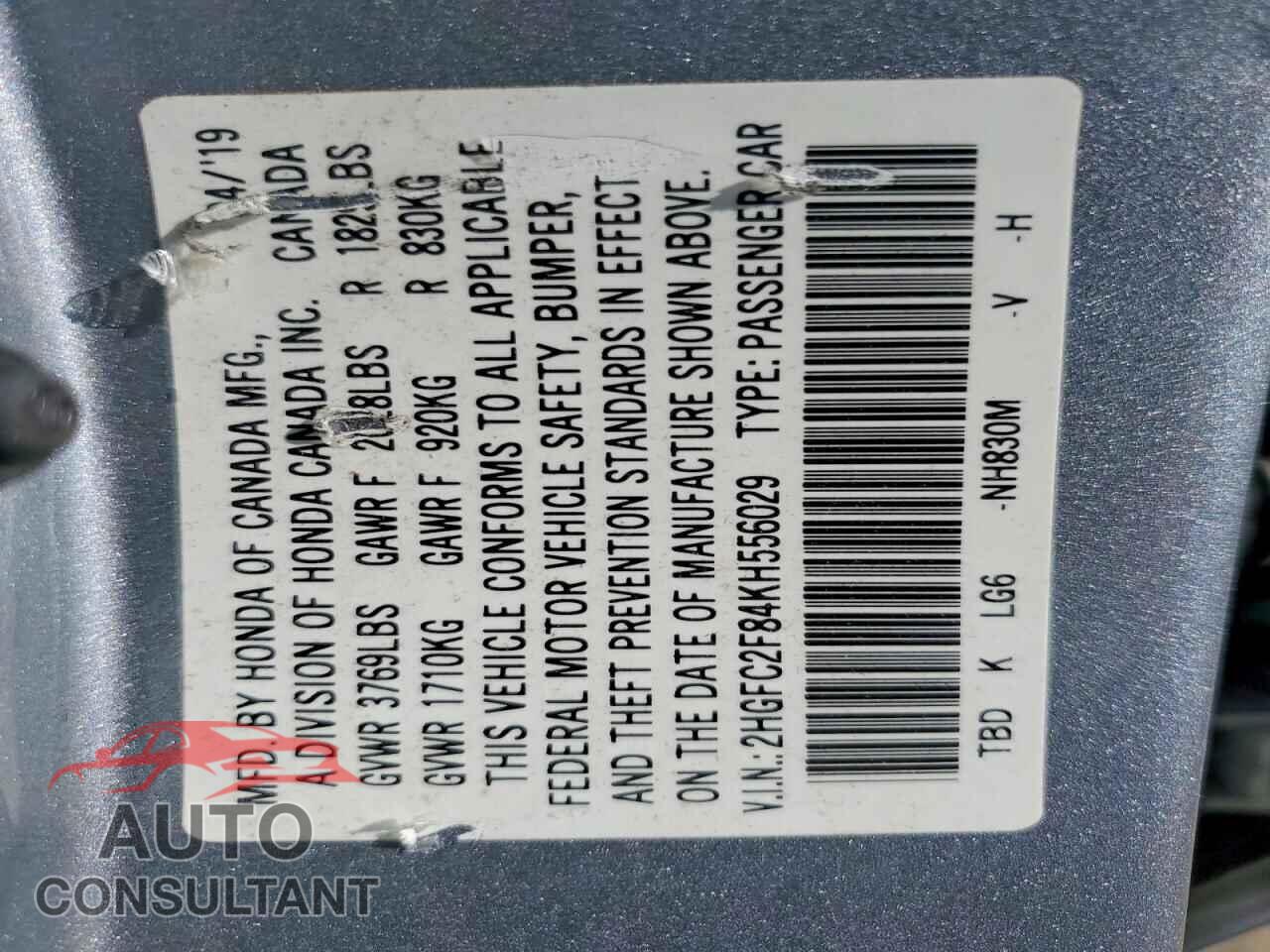 HONDA CIVIC 2019 - 2HGFC2F84KH556029