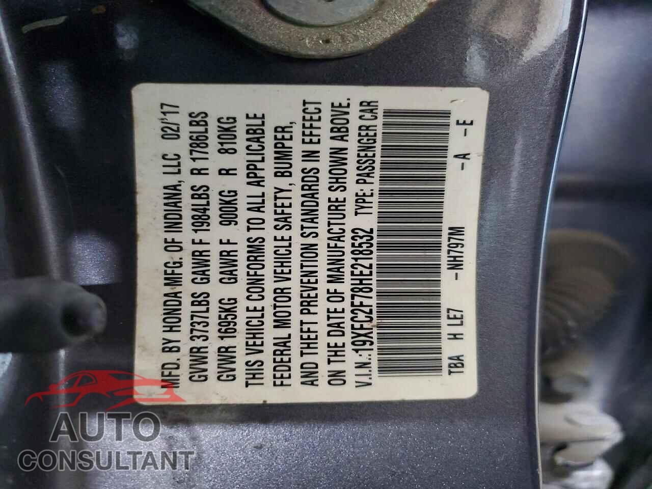 HONDA CIVIC 2017 - 19XFC2F78HE218532