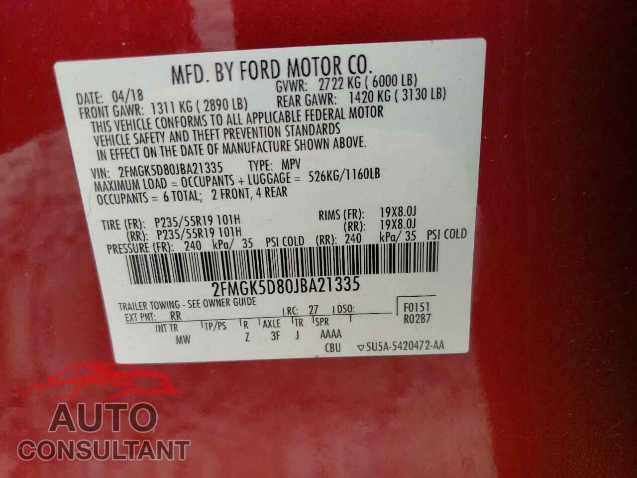 FORD FLEX 2018 - 2FMGK5D80JBA21335