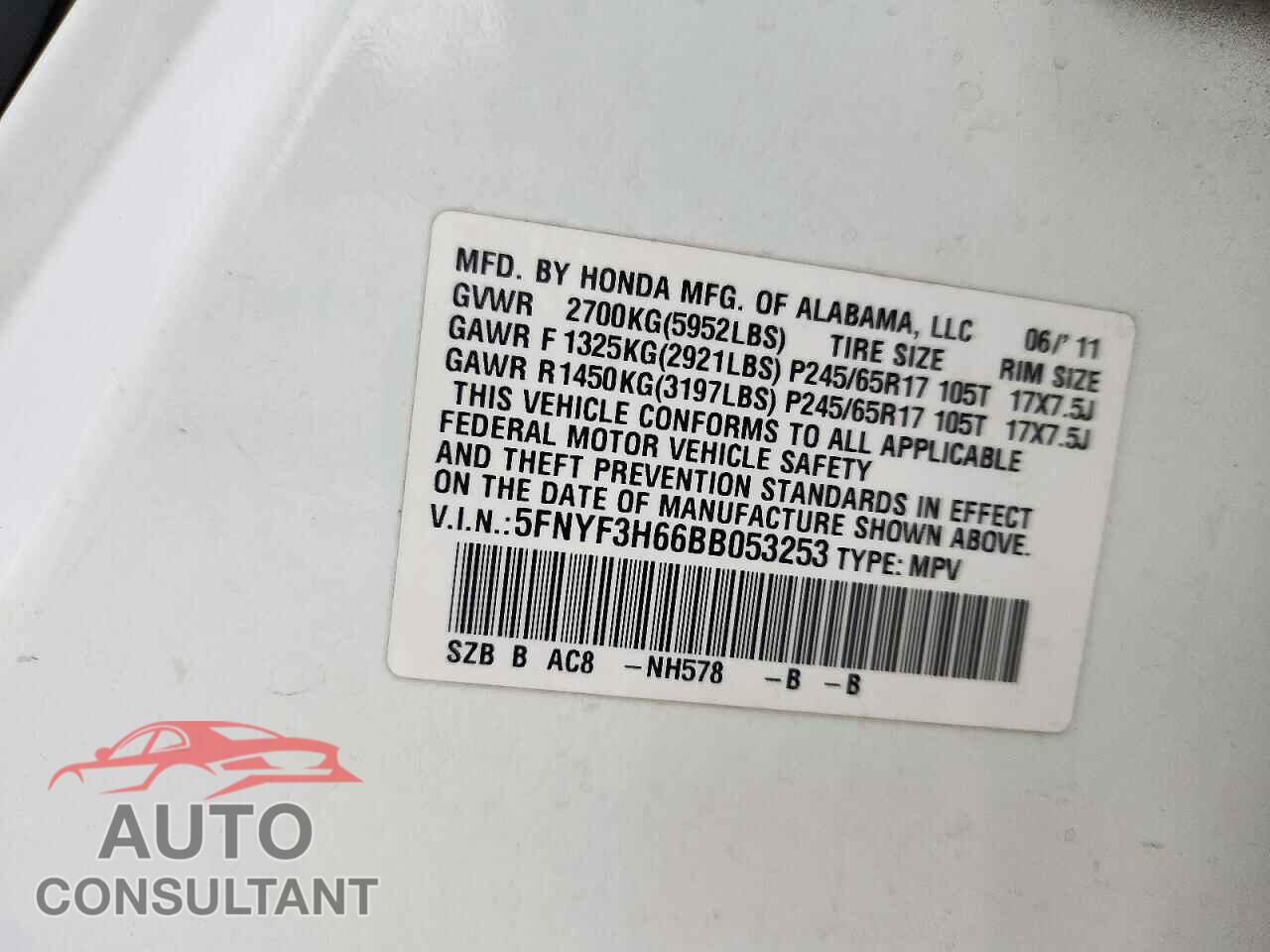 HONDA PILOT 2011 - 5FNYF3H66BB053253