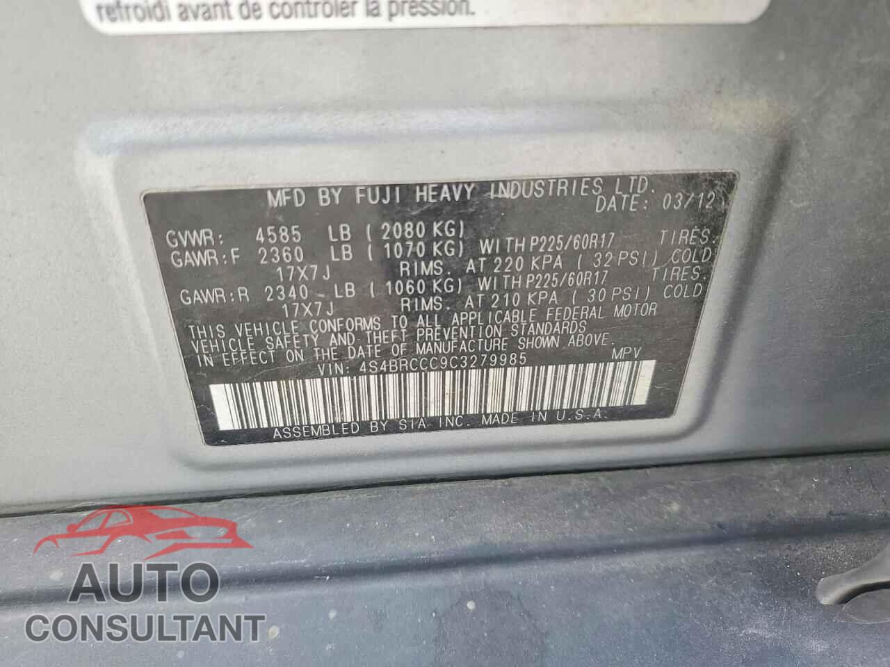 SUBARU OUTBACK 2012 - 4S4BRCCC9C3279985