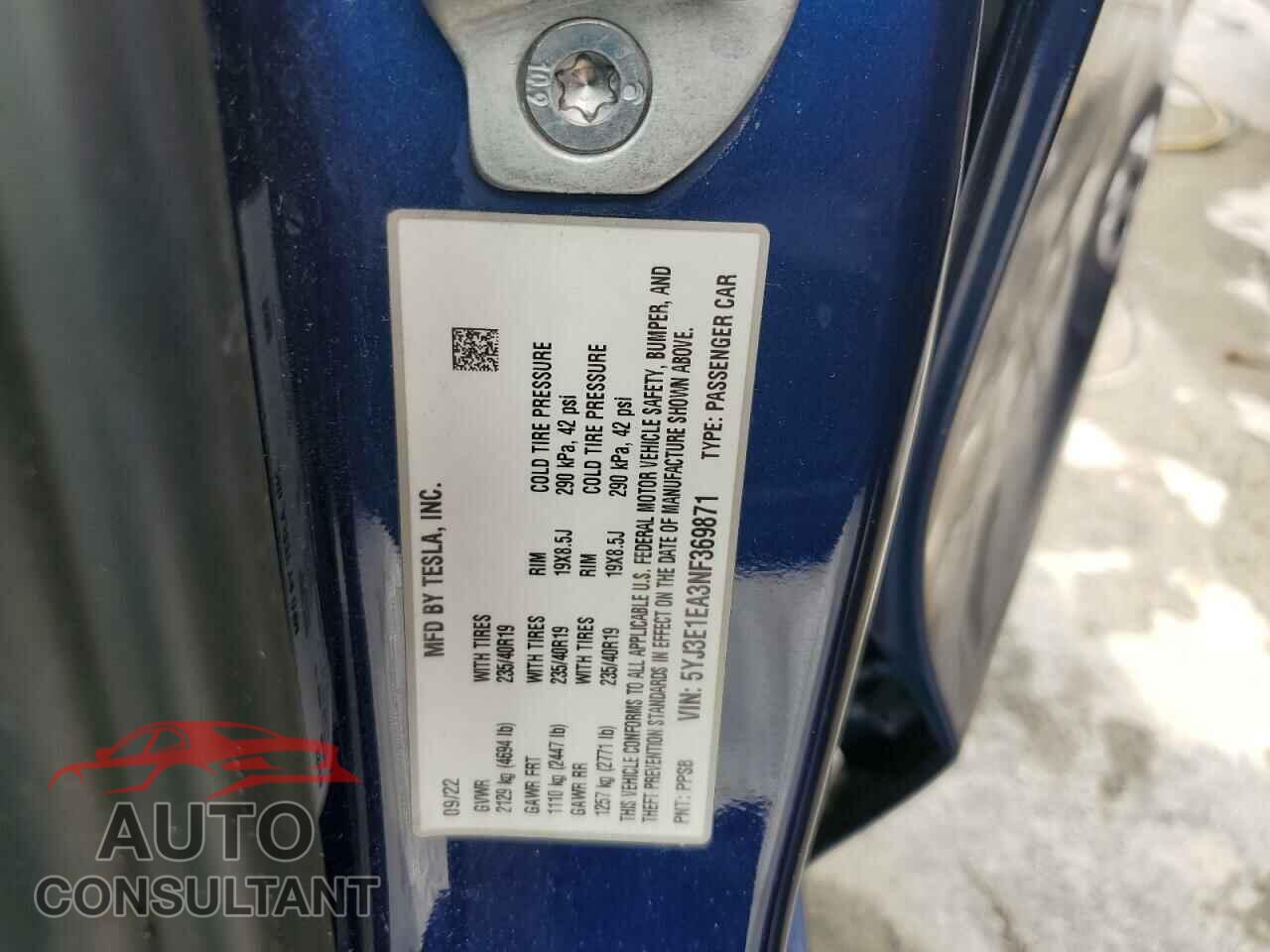 TESLA MODEL 3 2022 - 5YJ3E1EA3NF369871