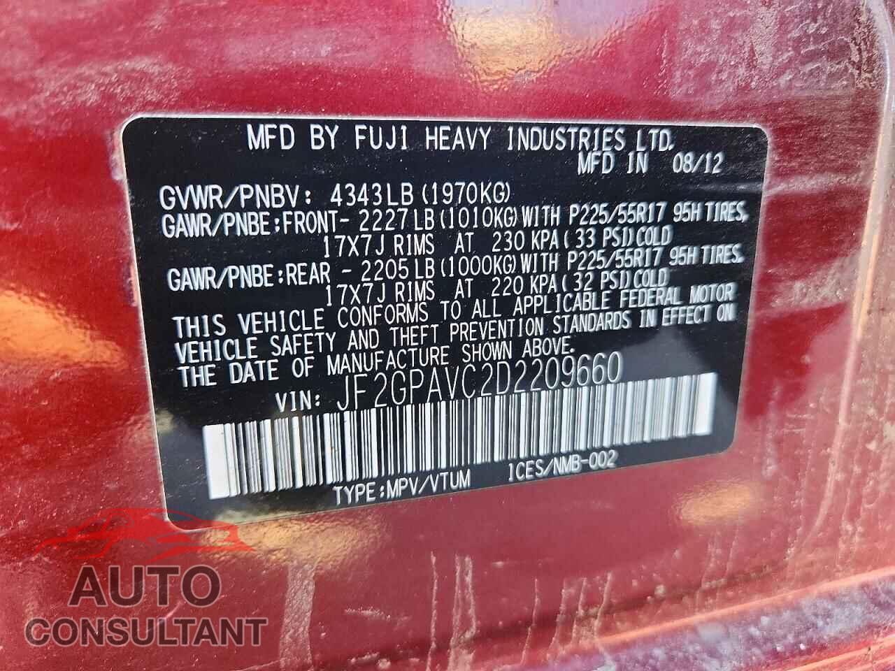 SUBARU XV 2013 - JF2GPAVC2D2209660