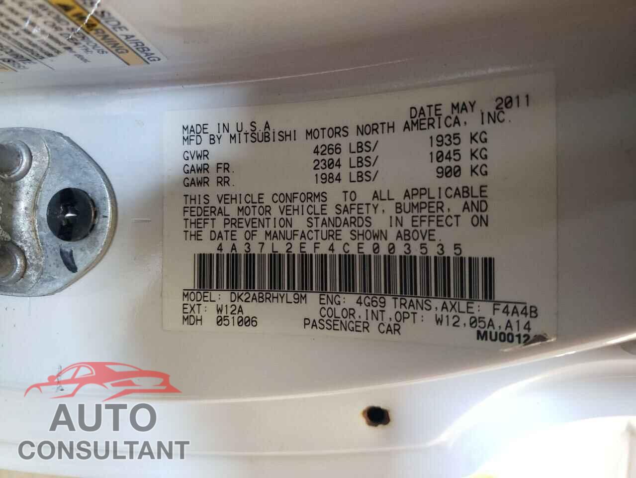 MITSUBISHI ECLIPSE 2012 - 4A37L2EF4CE003535