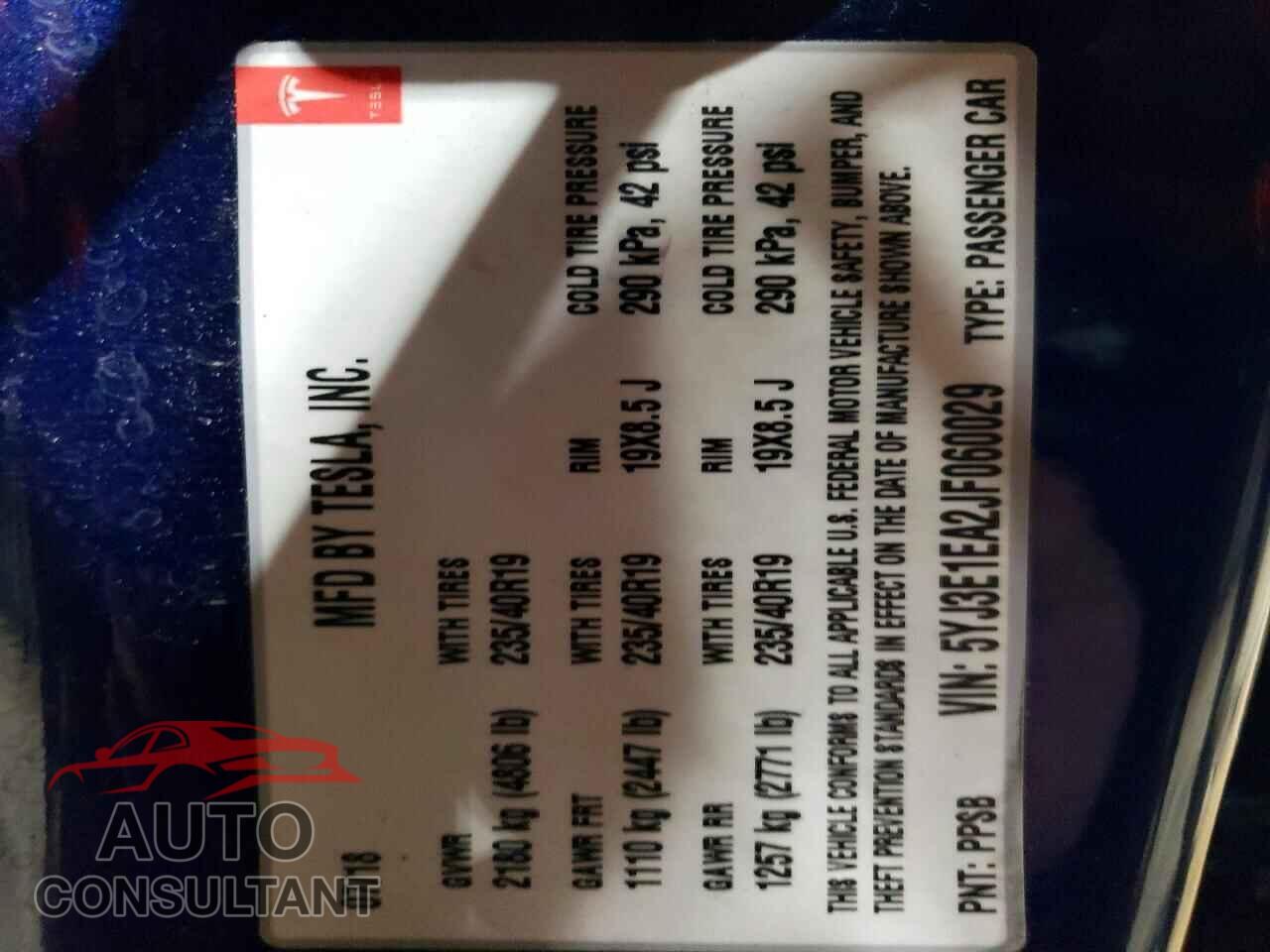 TESLA MODEL 3 2018 - 5YJ3E1EA2JF060029