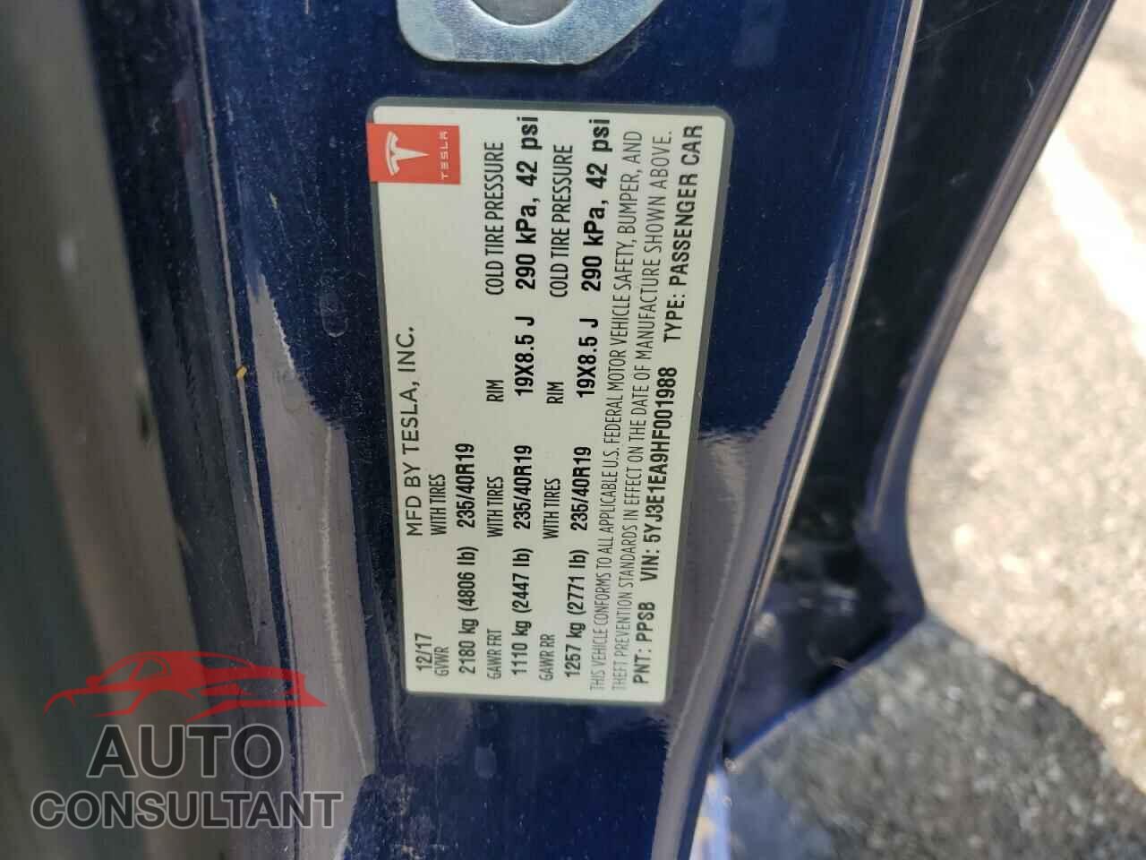 TESLA MODEL 3 2017 - 5YJ3E1EA9HF001988