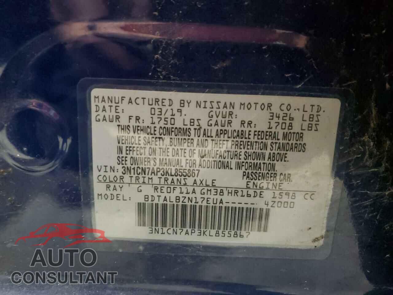 NISSAN VERSA 2019 - 3N1CN7AP3KL855867